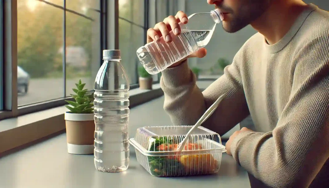 Seseorang sedang minum dari botol plastik dan makan dari wadah plastik, mencerminkan paparan mikroplastik dalam kehidupan sehari-hari.
