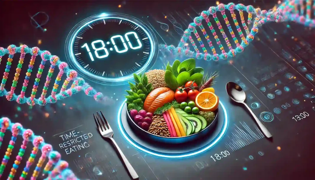 Jam-Makan Ilustrasi futuristik tentang pola makan sehat dengan hidangan bergizi, jam digital menunjukkan pukul 18:00 sebagai simbol waktu makan yang tepat, serta DNA bercahaya melambangkan umur panjang.