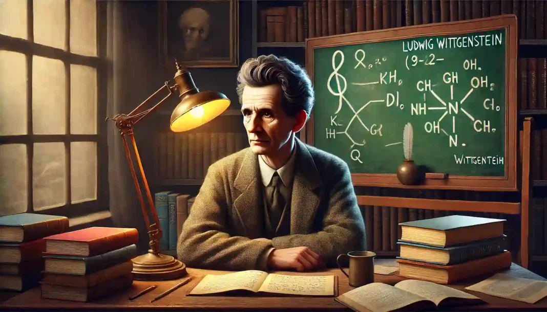 Ludwig Wittgenstein di ruang studi, merenungkan filosofi bahasa.