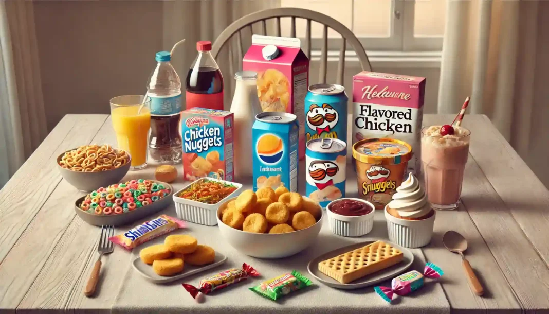 Ilustrasi realistis sepuluh makanan ultra proses di atas meja makan, termasuk es krim, sereal berperisa, nugget kemasan, sosis, mi instan, jus dalam kemasan, permen, biskuit, selai, dan minuman soda, tanpa merek atau logo.