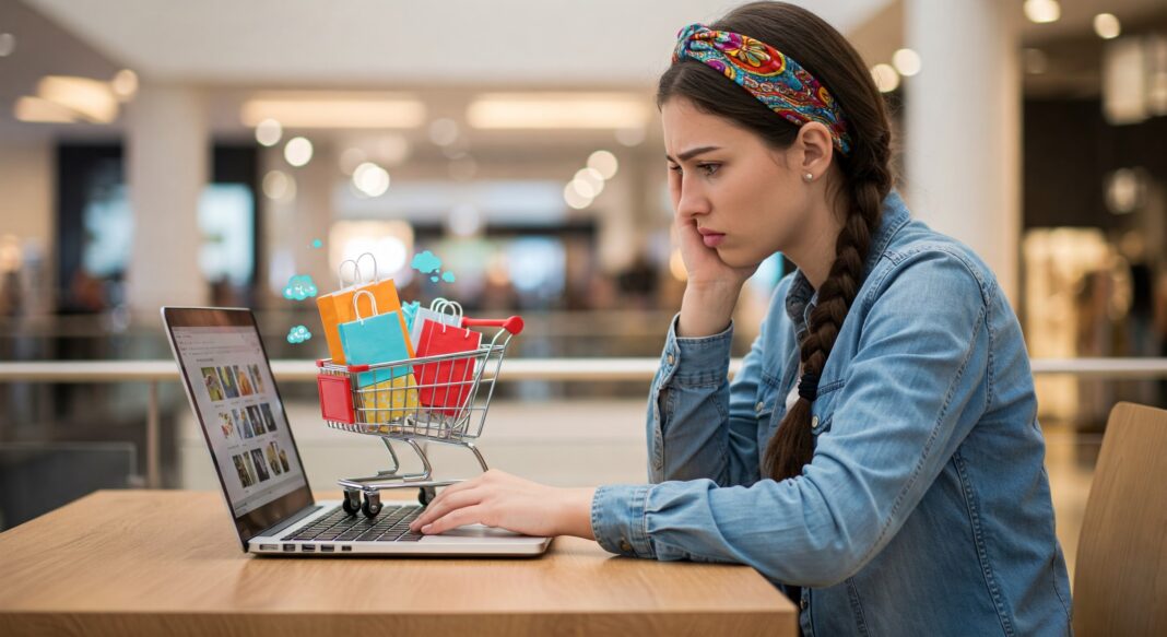 Sadie-belanja-daring Wanita ini khawatir dengan keranjang belanja daringnya yang penuh di laptopnya.