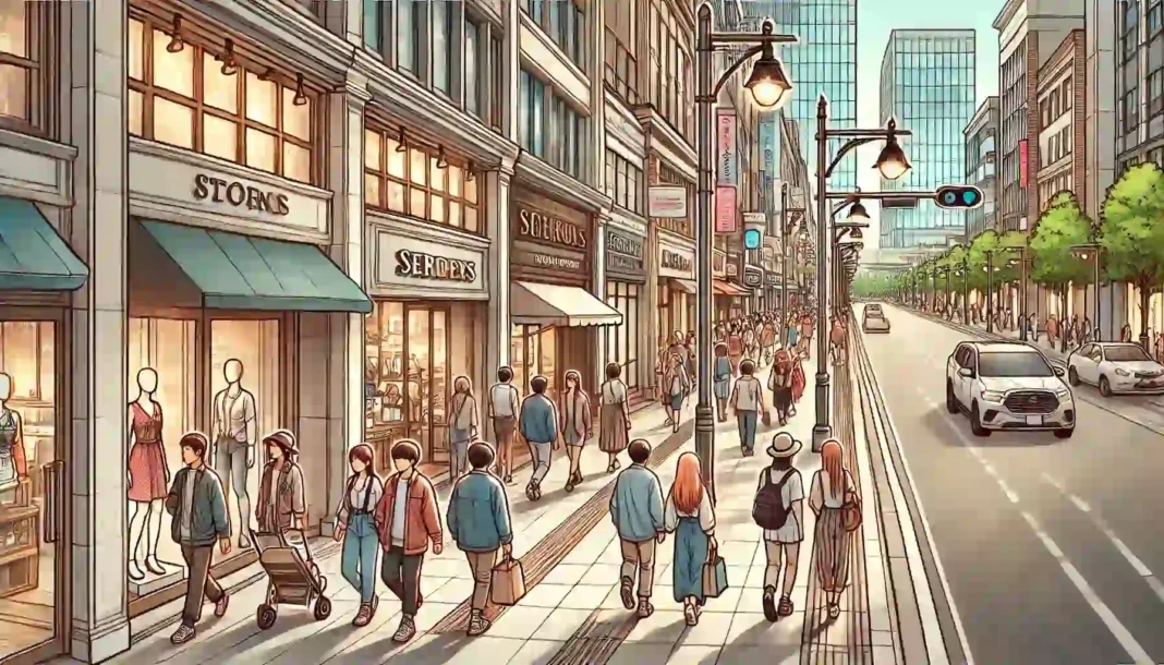 Ilustrasi trotoar kota yang ramai dengan banyak pejalan kaki berjalan berlawanan arah di depan deretan toko.