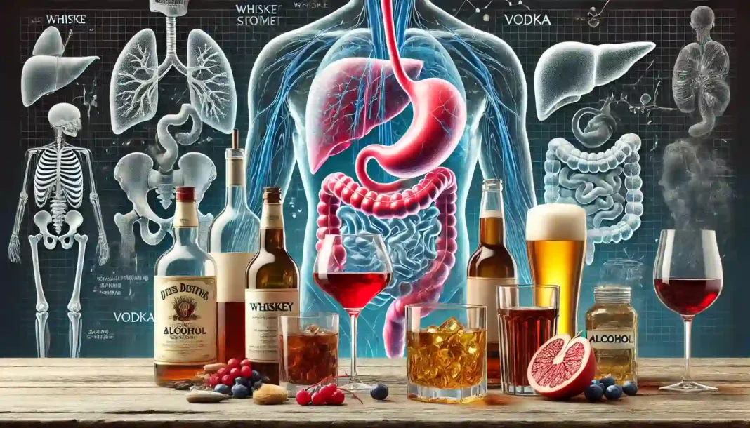 Dampak alkohol pada sistem pencernaan, menampilkan berbagai minuman beralkohol dan organ tubuh manusia.