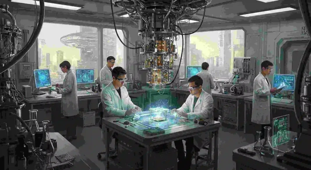 deteksi-kehilangan-atom-kuantum Ilustrasi realistis laboratorium masa depan dengan komputer kuantum canggih dan ilmuwan meneliti qubit netral.