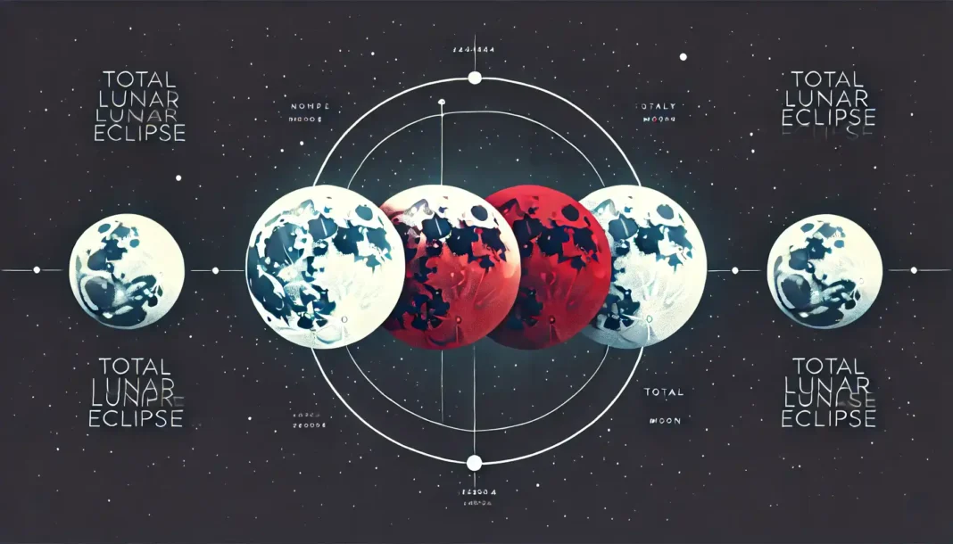 Ilustrasi fase-fase gerhana bulan total pada Maret 2025 tanpa teks, menampilkan perubahan warna dan bentuk bulan selama gerhana.