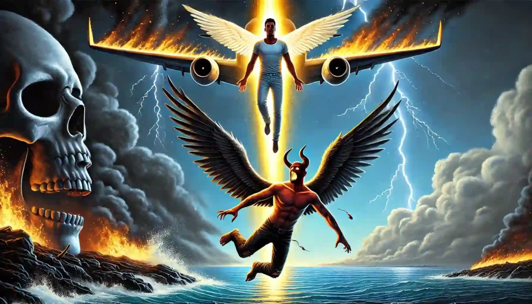 Dua pria jatuh dari langit—satu malaikat bercahaya, satu iblis bertanduk—dengan pesawat terbakar di latar belakang.