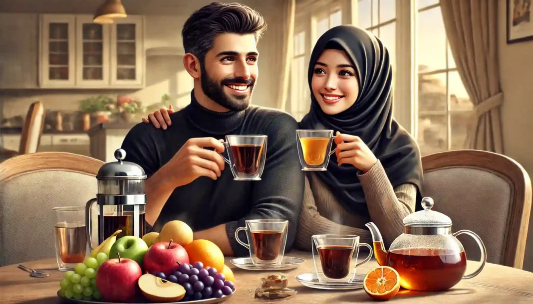 pasangan-menikmati-kopi-dan-teh-di-meja-makan Pasangan minum kopi dan teh dengan aneka buah segar di meja.