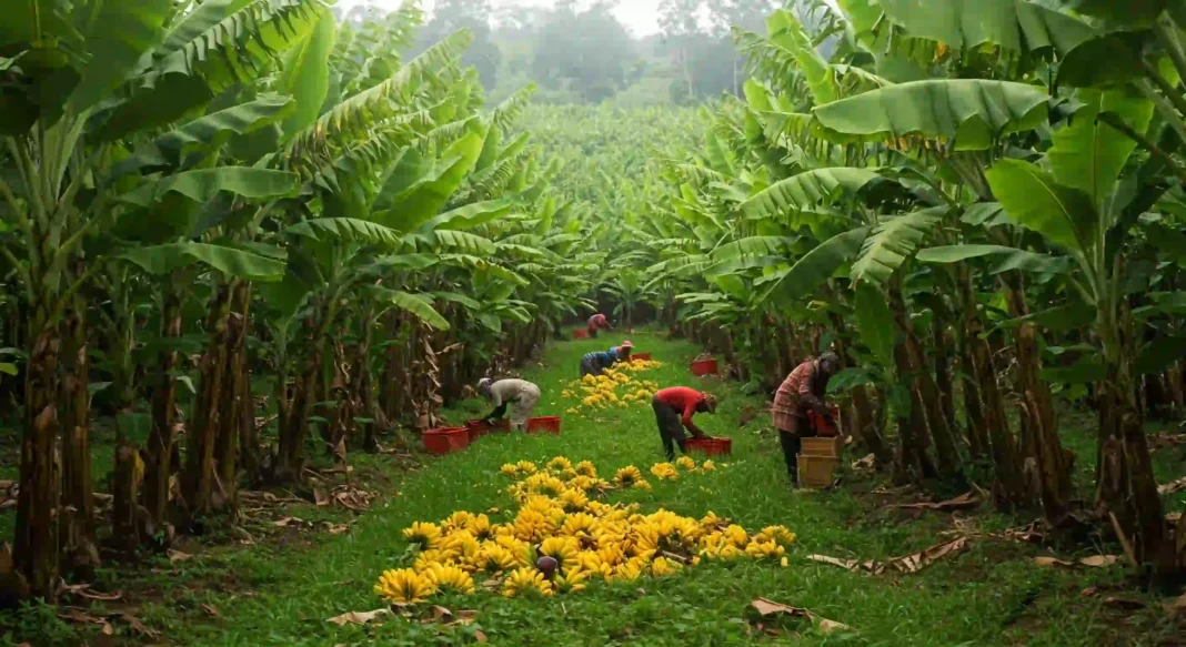 pisang-iklim Perkebunan pisang tropis yang luas dengan pohon-pohon pisang berbuah lebat, menggambarkan pentingnya produksi pisang global.