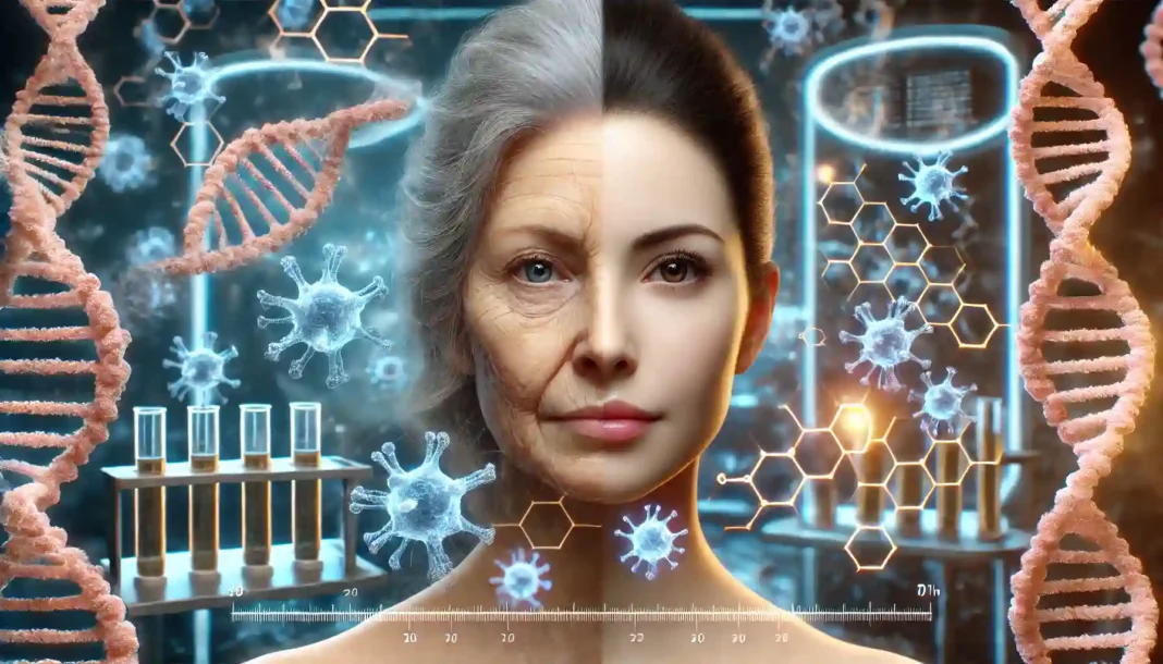 Ilustrasi perbandingan wajah wanita sebelum dan sesudah penuaan, menunjukkan perbedaan sel muda dan tua.