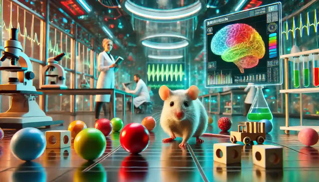 tikus-neurosains-aktivitas-otak Tikus di laboratorium neuroscience canggih dengan bola warna-warni, kotak kayu, dan mainan plastik, serta hologram aktivitas otak bercahaya hijau, kuning, dan biru.