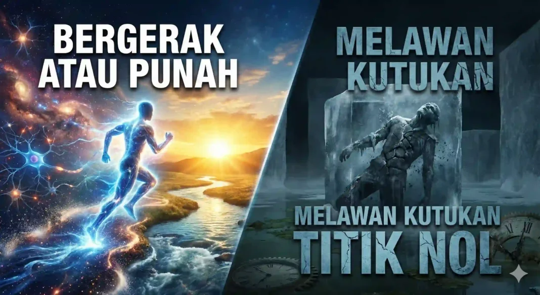 Kutukan Titik Nol Ilustrasi kontras: manusia bercahaya berlari (hidup) vs manusia membeku dalam es (mati), judul Bergerak atau Punah.