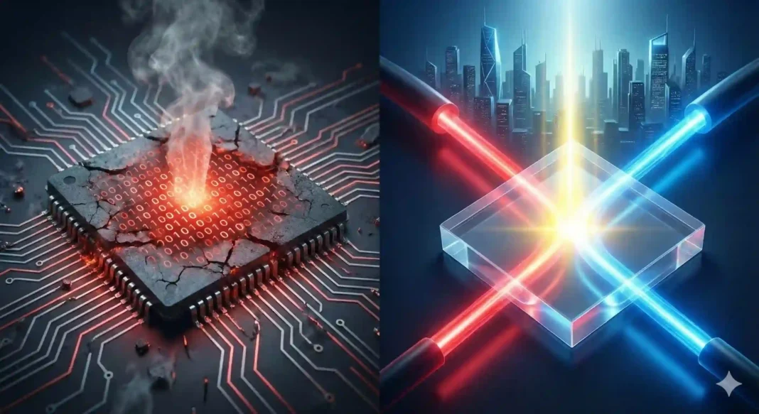 Ilustrasi perbandingan cip silikon overheat vs komputer fotonik cahaya logika jalan tengah.