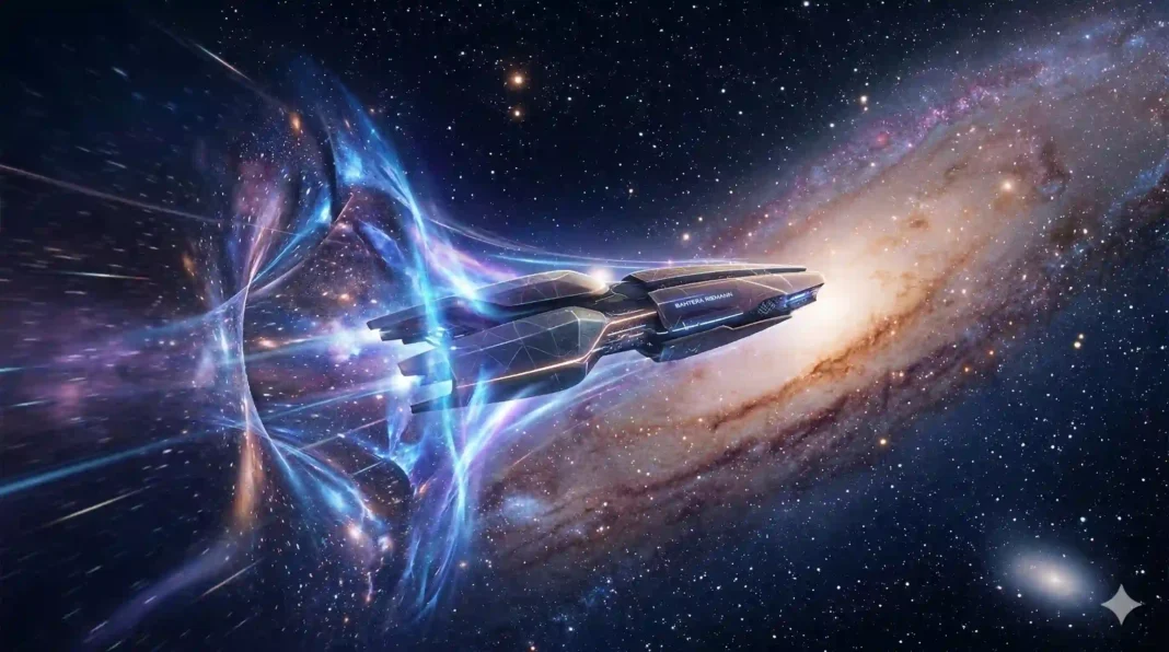 Pesawat luar angkasa futuristik Bahtera Riemann melengkungkan ruang dan waktu menembus lubang cacing menuju Galaksi Andromeda yang bercahaya.