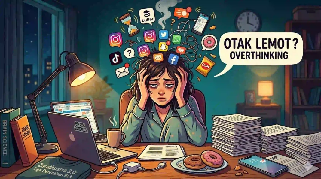 Overthinking Ilustrasi pekerja yang kelelahan dan overthinking di depan laptop dan smartphone , dikelilingi ikon notifikasi media sosial digital yang melambangkan brain fog.